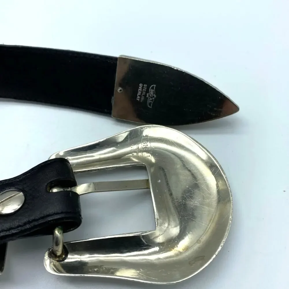 Vtg Big Al‎ ,Al Beres black Leather Belt Silver overlay Buckle 36 USA, Beretta